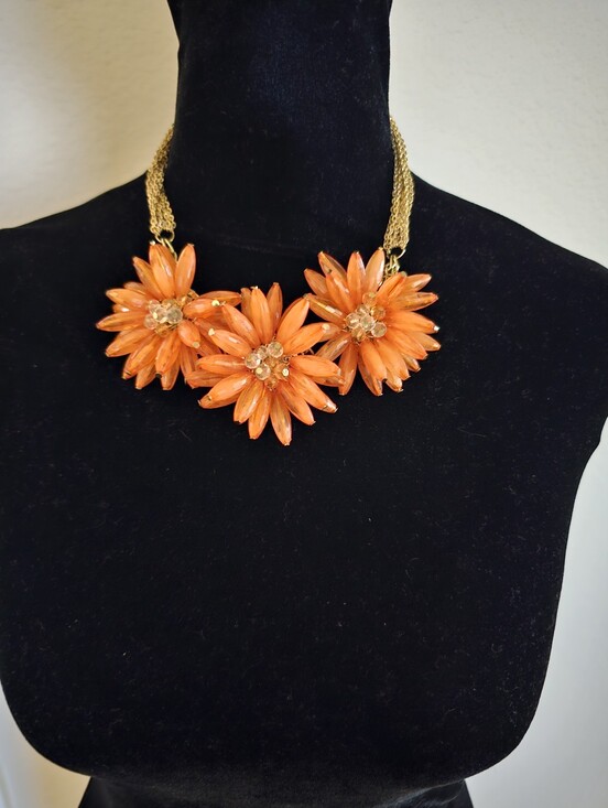 Jewelry - Bold Orange Floral Statement Necklace - Gold Chain